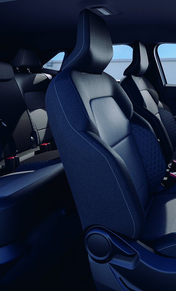 Geräumiger Fahrzeuginnenraum mit schwarzen Sitzen, Blick auf Vorder- und Rücksitze durch geöffnete Beifahrertür
